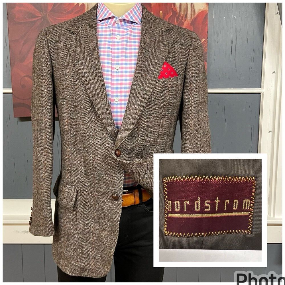 VTG Nordstrom Tweed Jacket Hand Tailored In Japan Men 43L Long Wool Herringbone‎